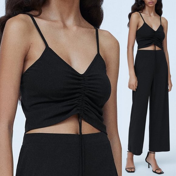 NEW Zara Black Gathered Ruched V Neck Stretch Knit Cropped Cami Top Size Large L - Picture 2 of 8